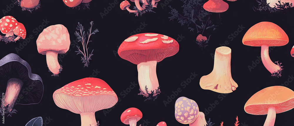 Poster diverse textures and shapes of colorful mushrooms in a natural setting