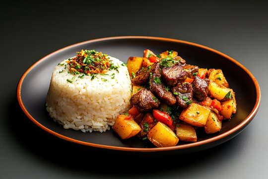 Delightful fusion of flavors in a carefully plated lomo saltado featuring tender beef, crispy potatoes, and fluffy rice