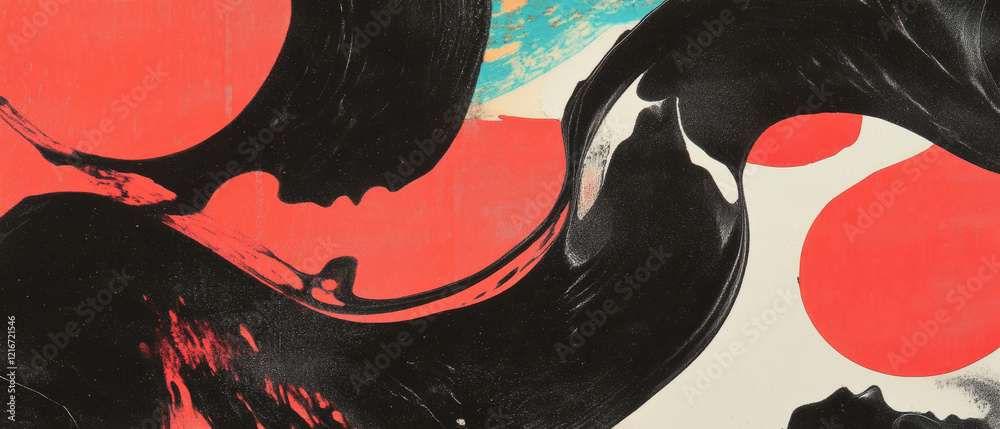 Leinwandbilder Exploring negative space with vibrant red shapes and flowing ink patterns