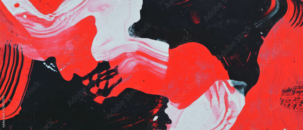 Poster bold patterns featuring contrasting red shapes against dark ink textures in modern art style