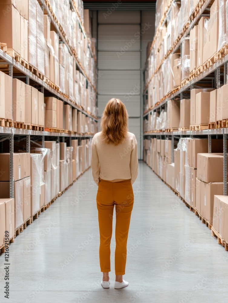 Aufkleber contemporary logistics visual female worker in minimalist warehouse aisle with cardboard boxes - eff