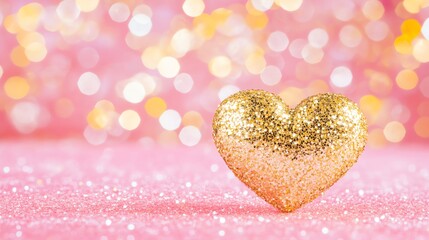 Fototapeta premium Golden Glitter Heart on Pink Sparkle Background: Romantic Love Symbol, Valentine's Day Decoration