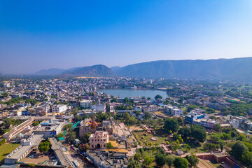 Aerial view of Pushkar Town and Lake, located in Pushkar, Rajasthan, India