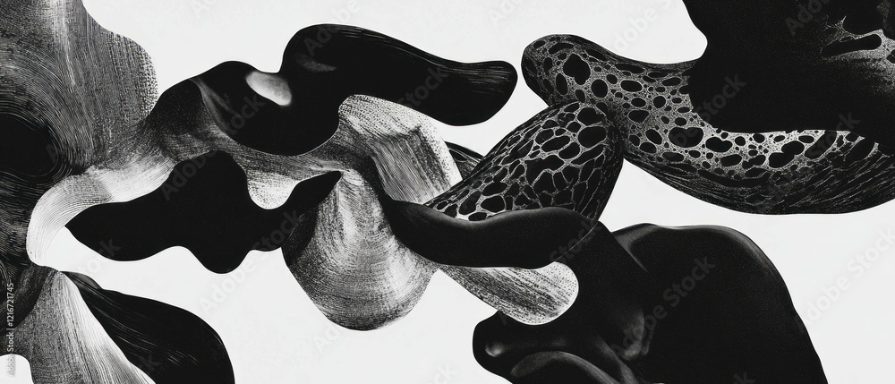 Aufkleber organic black ink patterns create intricate designs on a resistant white background