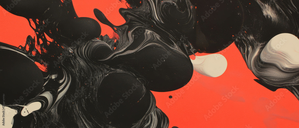 Poster organic ink patterns with bright red contrasts showcasing flowing lines and natural shapes