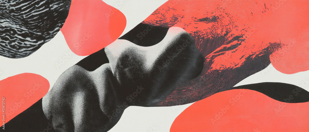 Poster Organic ink patterns blend flowing lines with vibrant red shapes in abstract design