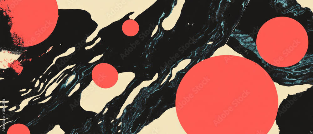 Poster Organic ink patterns with flowing lines and bright red shapes create dynamic contrast