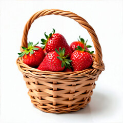 Bright red strawberries in a small woven basket with a curved handle on a white background.