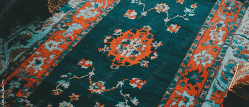 Poster intricate patterns and rich colors of an oriental rug displayed in a cozy living room setting