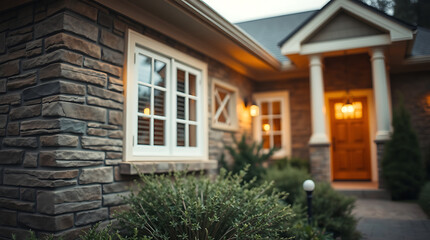Fototapeta premium Luxury Stone House Exterior at Night: Real Estate Photography