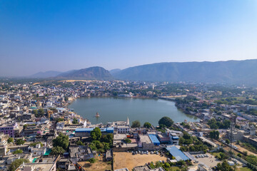 Aerial view of Pushkar Town and Lake, located in Pushkar, Rajasthan, India