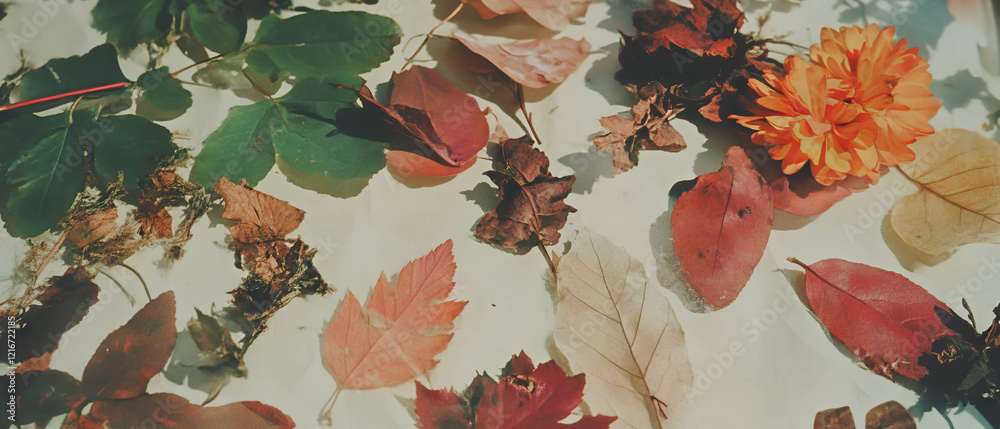 Poster pressed leaves and natural elements create unique textured paper surface art