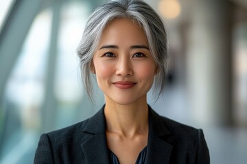 Fototapeta premium Confident Asian business woman with gray hair, professional portrait, Generated AI