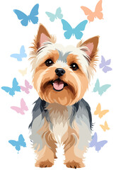 Naklejka premium Yorkshire Terrier Vector Painting Adorable Fun Animal Playing With Butterfly
