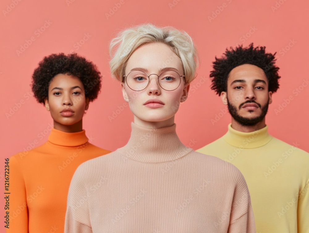 Poster contemporary diversity tri-color turtlenecks on soft pastel backdrop - fashion-forward diversity dis