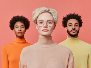 Fototapeta premium Contemporary Diversity Tri-Color Turtlenecks on Soft Pastel Backdrop - Fashion-forward Diversity Display and Modern Marketing Imagery for Inclusive Branding Campaigns