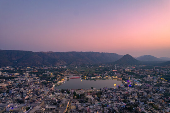 Aerial view of Pushkar Town and Lake, located in Pushkar, Rajasthan, India