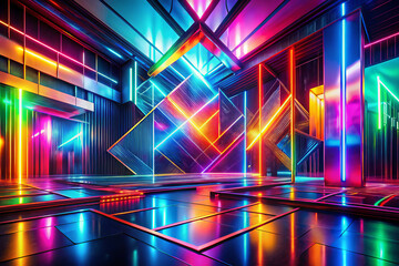 vibrant, abstract space with neon lights and geometric shapes creates stunning visual experience