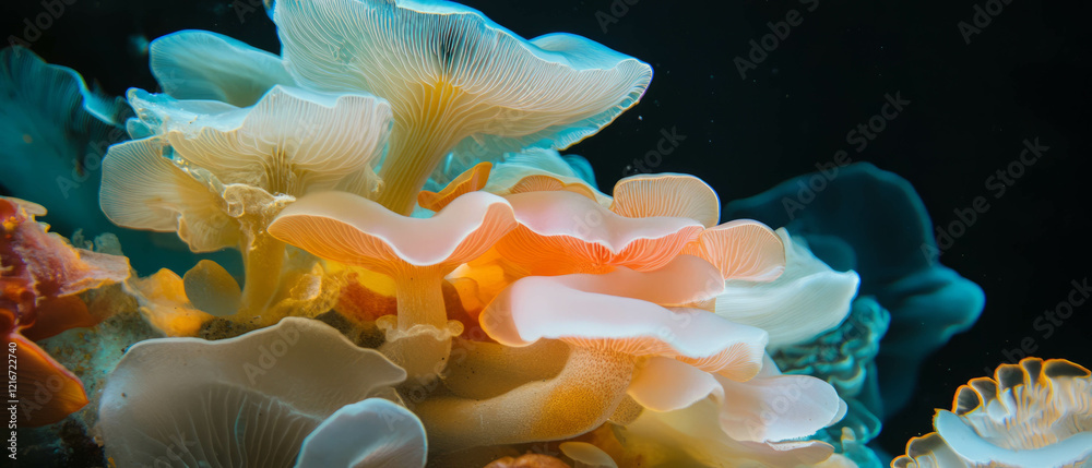 Poster exploring the intricate textures and varied colors of porous mushroom stems