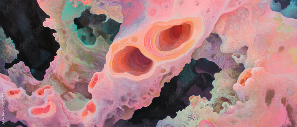 Poster exploring the varied colors and textures of porous mushroom stems in a natural setting