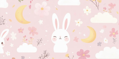 Fototapeta premium Cute cartoon bunny with floral elements and moon on pink background for kids' designs