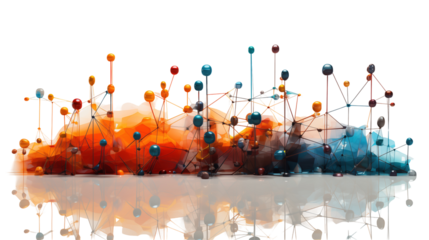Abstract orange and blue 3D network design, modern geometric digital art for tech and futuristic themes, transparent background.