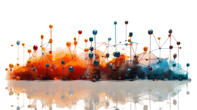 Abstract orange and blue 3D network design, modern geometric digital art for tech and futuristic themes, transparent background.