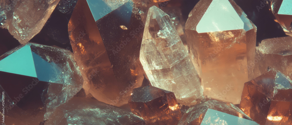 Poster sparkling quartz crystals displaying unique texture and faceted cuts in jewelry design