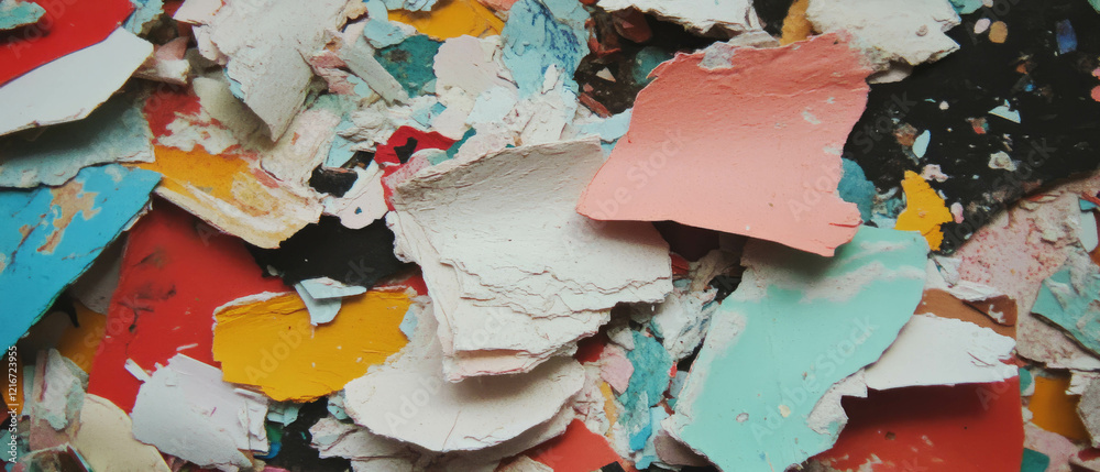 Poster Textured recycled paper with vibrant colors and speckled patterns scattered on a surface