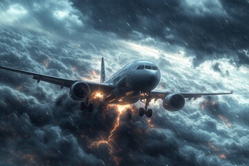 An Airbus aircraft navigates through dark, swirling clouds, showcasing confidence amid heavy rain and lightning during a dramatic evening thunderstorm