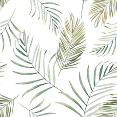 Jungle summer print. Watercolor seamless pattern with palm leaves  on white background. Hand drawn illustration