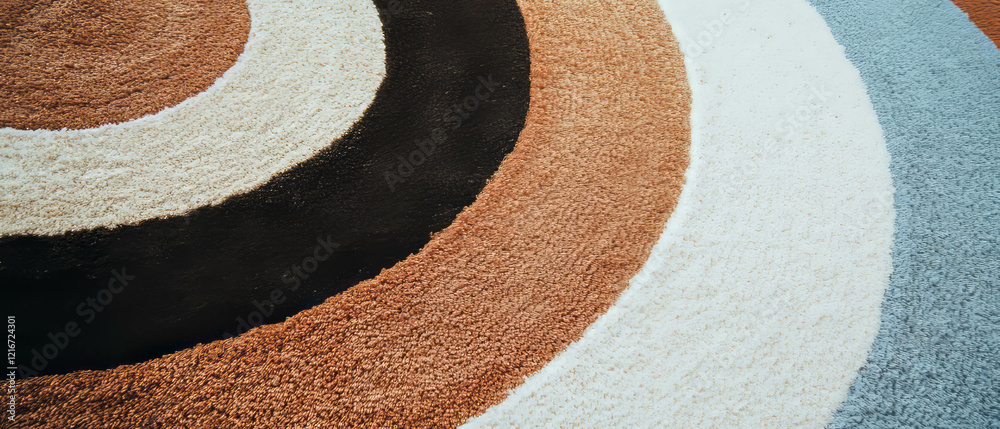 Poster textured round rug featuring a circular design with varied colors and materials in a cozy space