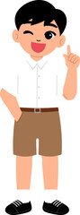 smiling boy wearing Thai school uniform with short khaki brown pants thinking illustration