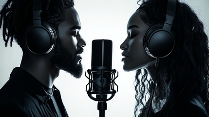 Silhouetted man and woman with headphones sing into a studio microphone, showcasing a dynamic musical collaboration.