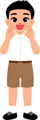 smiling boy wearing Thai school uniform with short khaki brown pants telling illustration