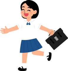 Obraz premium smiling girl wearing Thai middle school uniform holding school bag to go to school illustration
