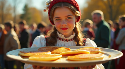 Russian Maslenitsa close-up: a young woman in festive attire holding a tray of pancakes.