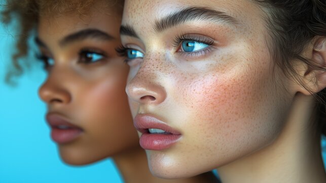 Close-up shot highlighting diverse, natural beauty of two women against a blue background, showcasing freckles, skin texture, and features.