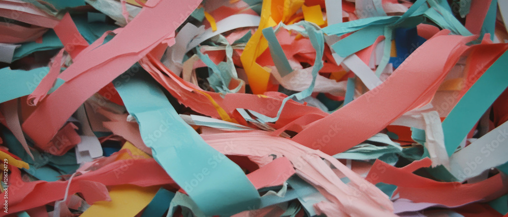 Poster colorful texture of shredded paper, showcasing thin strips in various hues and patterns