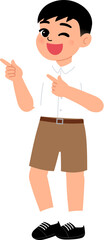 smiling boy wearing Thai school uniform with short khaki brown pants pointing finger illustration