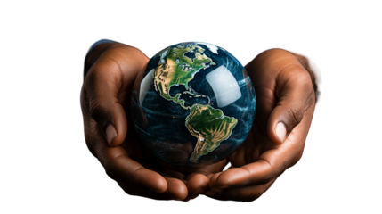 Dark blue glass globe with Americas map held in hands, symbolizing global care, conservation, and responsibility, transparent background.