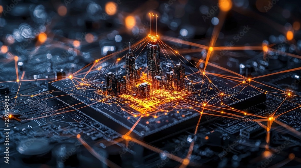 Aufkleber Cyber environment aerial visualization of a futuristic city linked by glowing digital threads in urban landscape