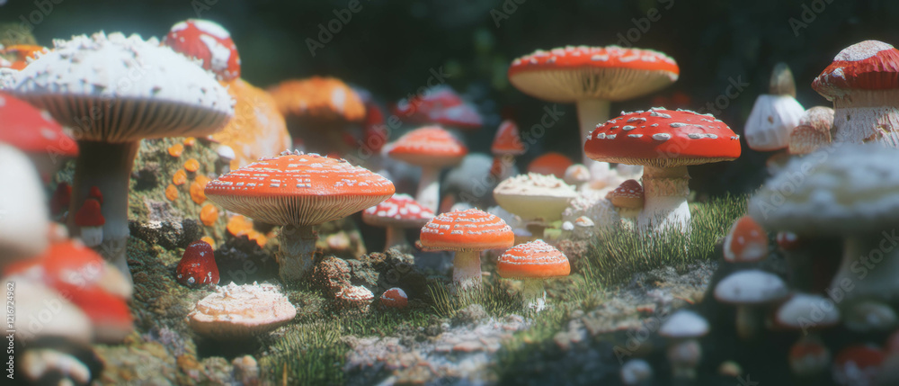 Poster vibrant collection of smooth mushroom caps in various colors on forest floor