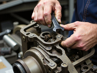 Obraz premium Car mechanic is holding a wrench ready to check the engine and maintenance.