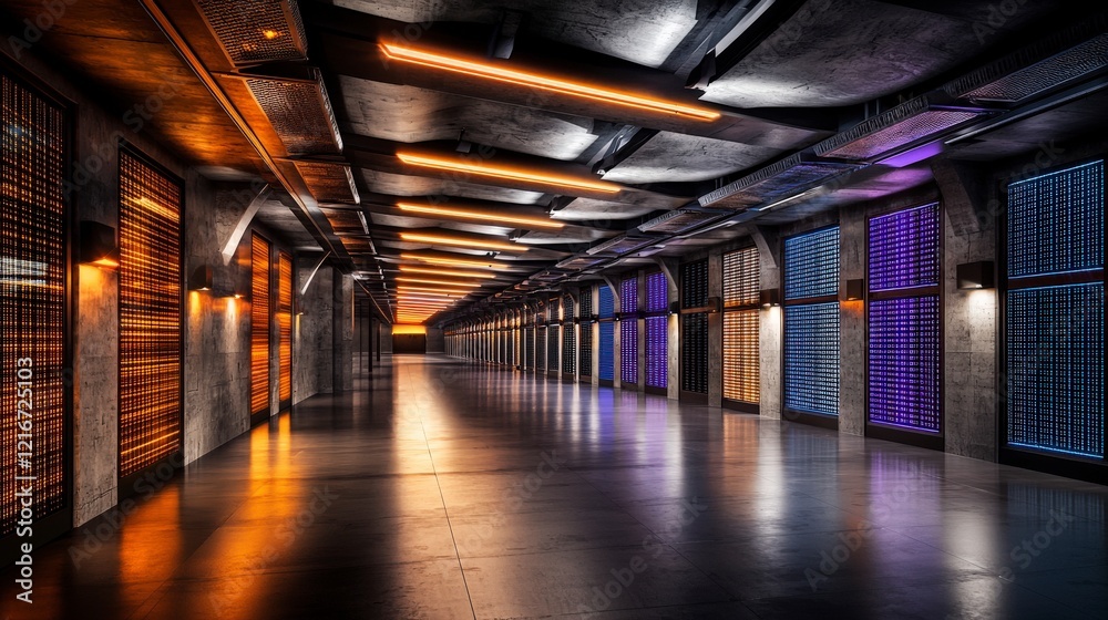 Poster futuristic data center innovation urban setting digital environment high-tech infrastructure vibrant