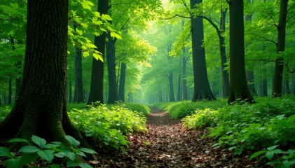 Obraz premium Dense foliage of oak leaves on a forest floor, dense foliage, leafy greens, green forest