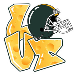 love - gold and green football player helmet, sport vector graphics, hockey, for street art - graffiti lettering typography - art illustration - Cheese background decoration

