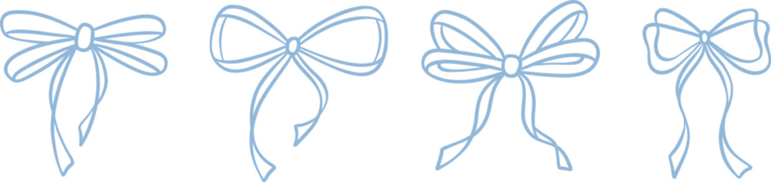 Cute baby blue line art bow illustration vector decorative clip art ribbon drawing set