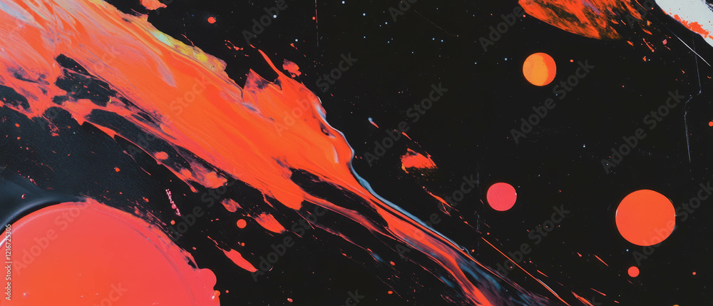 Poster Bright red splatter ink patterns create an abstract backdrop with contrasting shapes and textures