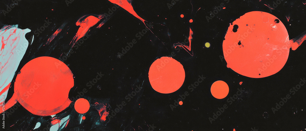 Poster Bright splattered ink patterns with contrasting red shapes on a dark background